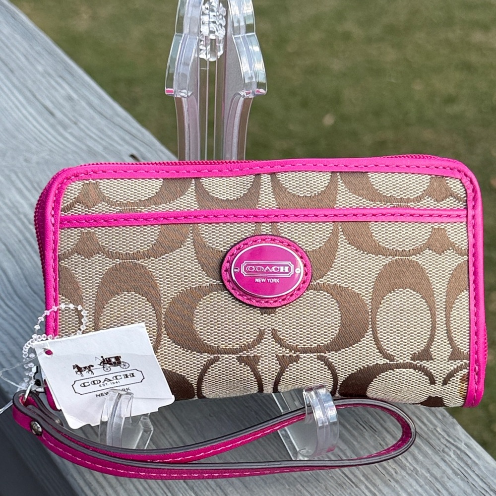 Coach Signature Monogram Wallet/ Wristlet (Tan & Electric Pink)(NWT)